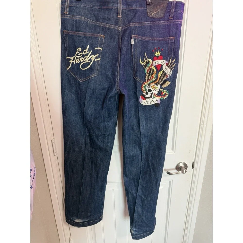 Ed Hardy Men’s Blue Dark Wash Straight Denim Jeans Embroidered Skull Distressed